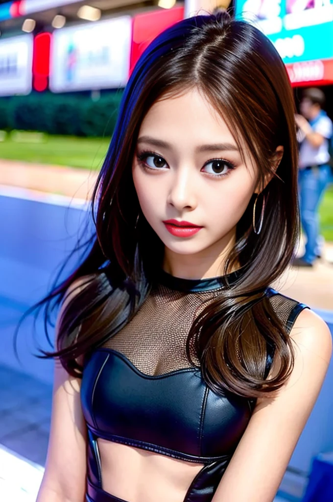 Tzuyu 1, woman, (Realistic), (Hyperrealism), (photoRealistic), Written boundary depth, eye make up:0.7 (whole body:1.2), (Large Bust),(Tight waist), Observe the audience,In the pits of a race track, Race Queen, A sexy dress with open shoulders and neckline