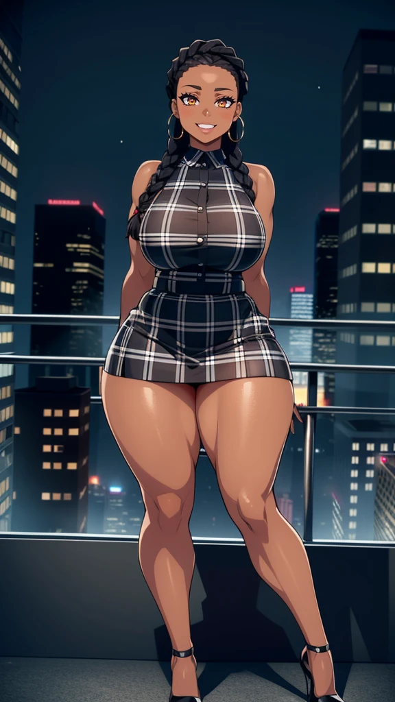 4K Quality, grinning, sexy pose, black plaid miniskirt, standing up, black african braids, dark skinned, thick thighs, big breasted, big ass, looking at viewer, braided hair, amber eyes, night time, bedroom eyes, full body, city background, perfect face, perfect body, perfect eyes, full lips, hoop earrings,