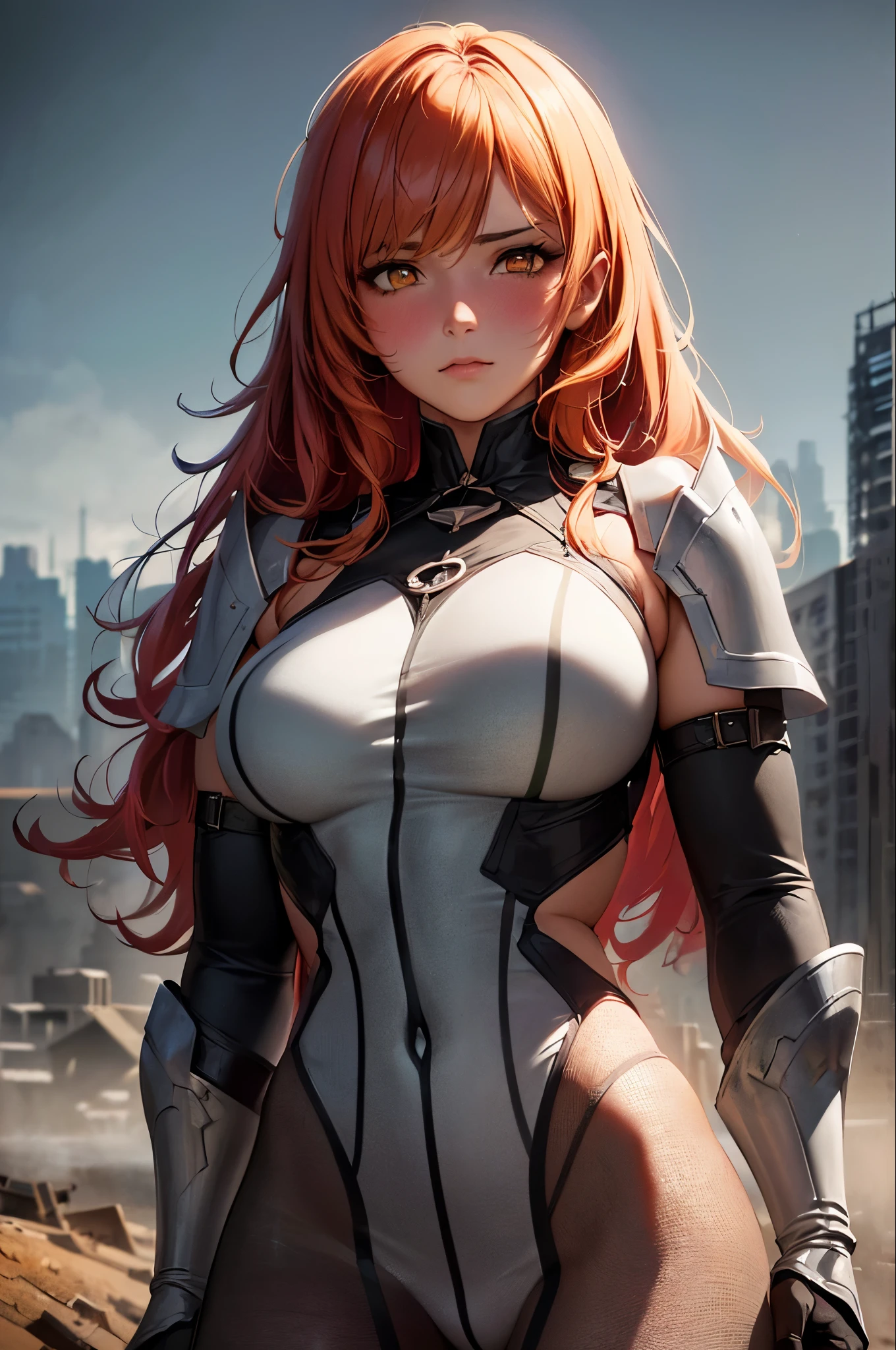 Beautiful woman, Orange eyes, (Blushing your nose), Fine grain, Cinematic, Painted by Greg Rutkowski, Yoji Shinkawa: 0.6. Long Curly Orange Hair, defined body, Wearing elaborate Victorian-era armor (((Super strong)), masterpiece, Highest quality, Super detailed, ground, destroyed city background, Shadow, Contrast, Grey Sky, style (View the viewer: 1.2) (Skin Texture) (Film Grain:  1.3), Ultra-high resolution, Octane Rendering, 16K