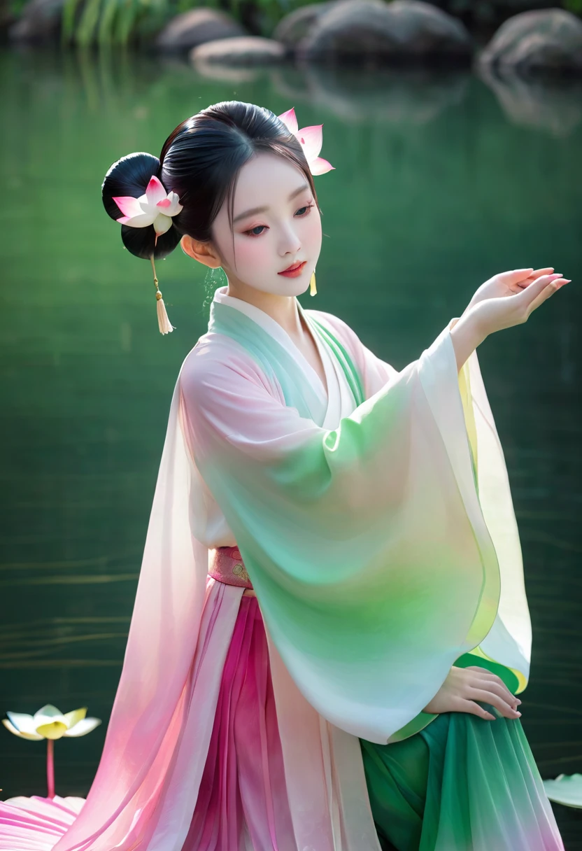 夏日Lotus仙子，Lotus，Chiffon Hanfu，Pink Green Gradient Skirt，Water spirit skin，Skin details，Lotus上的水滴,Double bun head，Little Girl，Ancient costume beauty，头饰是Lotus，dream，Shiny，Front view，Keep your eyes wide open