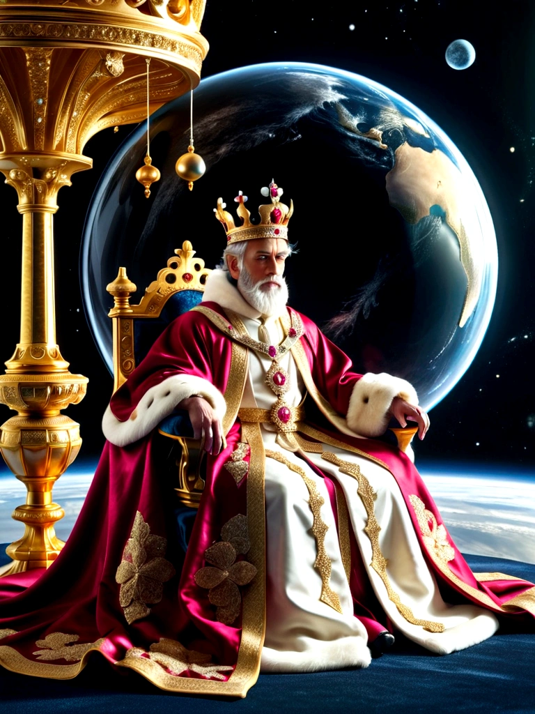 A royal figure in a lavish robe, adorned with a large crown, is seated on a throne, The setting is otherworldly and surreal, located in the vast expanse of space, The figure is perched on a miniature planet that's enveloped entirely by the rich fabric of the robe, reflecting an element of royal extravagance