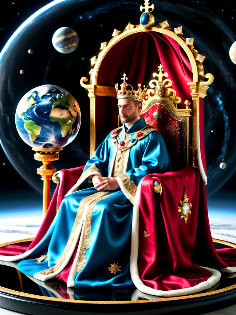 A royal figure in a lavish robe, adorned with a large crown, is seated on a throne, The setting is otherworldly and surreal, located in the vast expanse of space, The figure is perched on a miniature planet that's enveloped entirely by the rich fabric of the robe, reflecting an element of royal extravagance