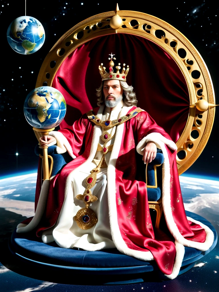 A royal figure in a lavish robe, adorned with a large crown, is seated on a throne, The setting is otherworldly and surreal, located in the vast expanse of space, The figure is perched on a miniature planet that's enveloped entirely by the rich fabric of the robe, reflecting an element of royal extravagance