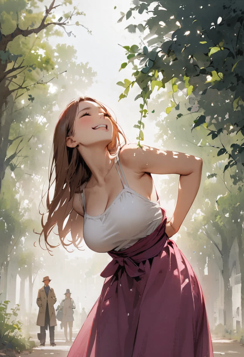 sash hanging、Diagonal hanging back、Big Breasts、knit、Open both eyes、Laugh innocently、at the park、squirt、Passersby、Square、Plants