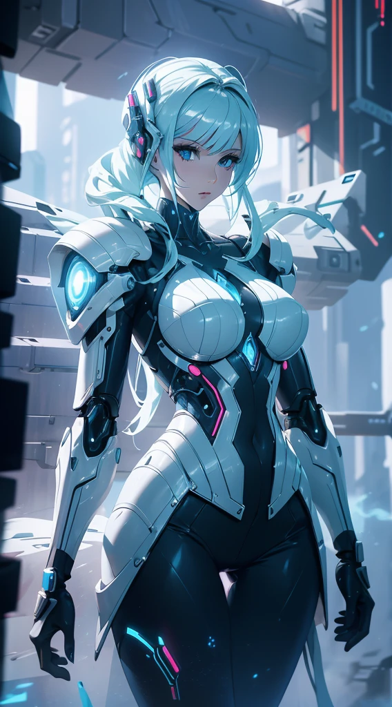 Arafed Woman in a futuristic suit posing for a photo, in white futuristic armor, girl in mecha cyber armor, Unreal Engine Rendering + a goddess, Porcelain cyborg armor, shiny white armor, gynoid cyborg body, Beautiful and attractive female cyborg, Different cybersuits, Beautiful female cyborg, beautiful white cyborg girl, With futuristic armor, Perfect female cyborg