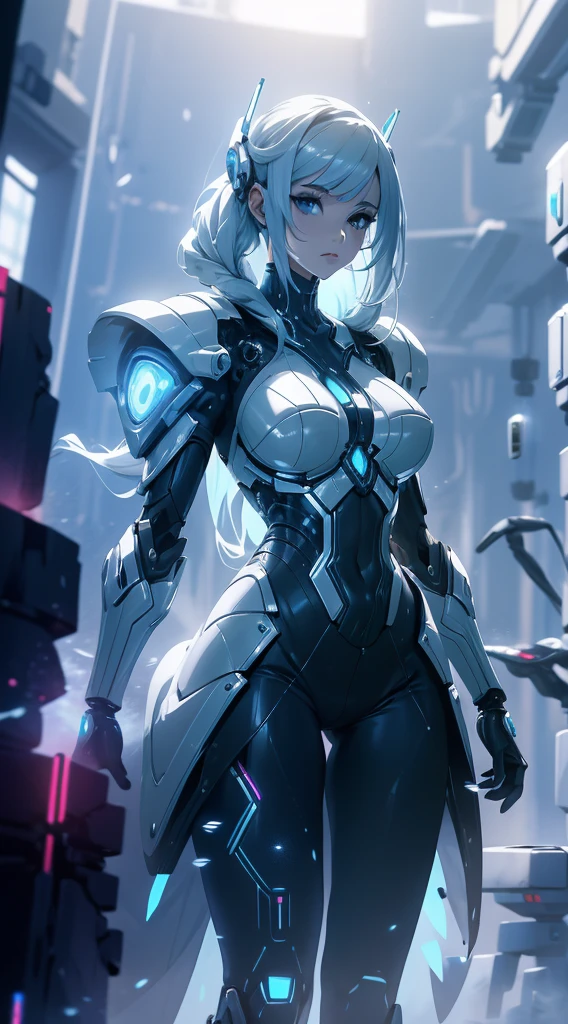 Arafed Woman in a futuristic suit posing for a photo, in white futuristic armor, girl in mecha cyber armor, Unreal Engine Rendering + a goddess, Porcelain cyborg armor, shiny white armor, gynoid cyborg body, Beautiful and attractive female cyborg, Different cybersuits, Beautiful female cyborg, beautiful white cyborg girl, With futuristic armor, Perfect female cyborg