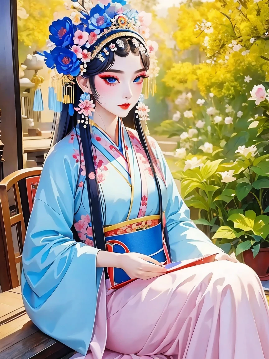 (masterpiece, best quality:1.2，lifelike：1.37), antiquity，flat pencil drawing，Chinese style illustrations：（1 girl，bust ），exquisite facial features，Detailed drawing of eyes，eyelash，blush，long hair，Exquisite makeup，Beautiful pearls on the head，blueGorgeous Hanfu，Garden background blurred，Simple，glowing butterfly，blue：1.37，huge peony flower：1.37