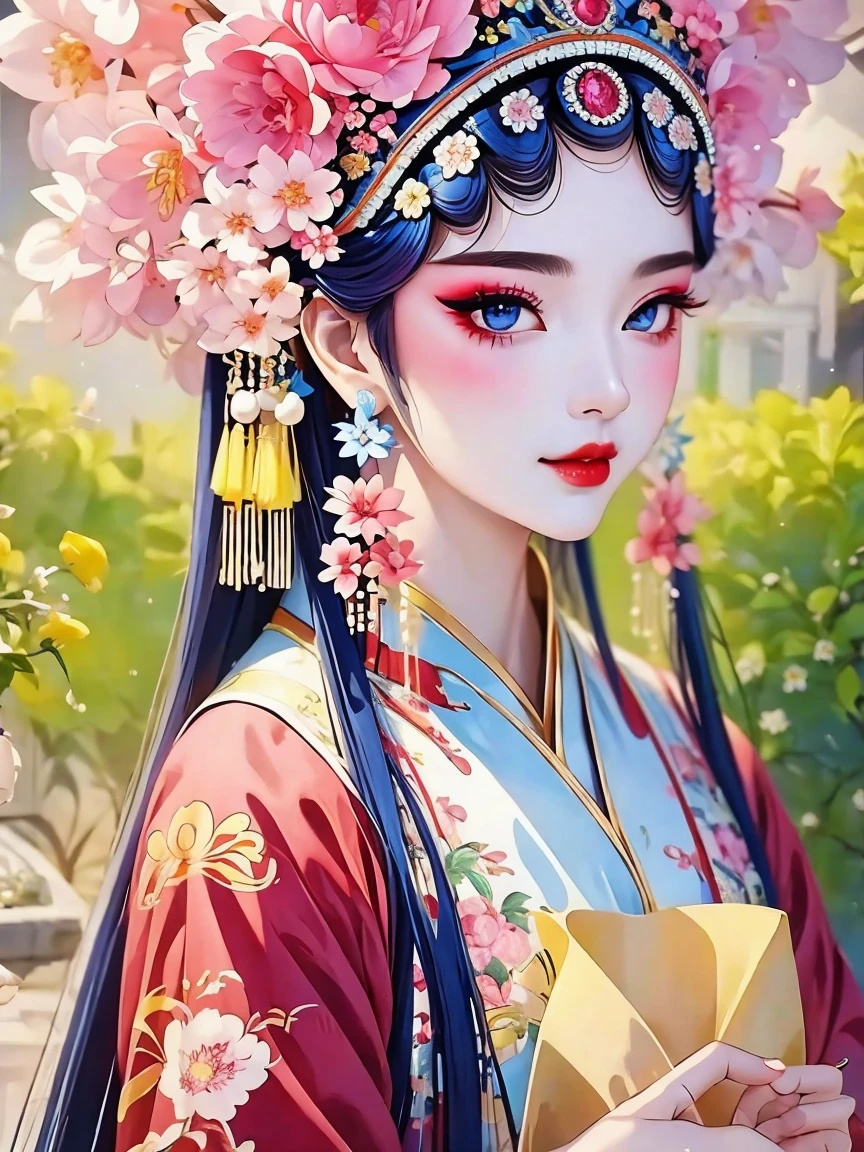 (masterpiece, best quality:1.2,lifelike:1.37), antiquity,flat pencil drawing,Chinese style illustrations:(1 girl,bust ),exquisite facial features,Detailed drawing of eyes,eyelash,blush,long hair,Exquisite makeup,Beautiful pearls on the head,blueGorgeous Hanfu,Garden background blurred,Simple,glowing butterfly,blue:1.37,huge peony flower:1.37