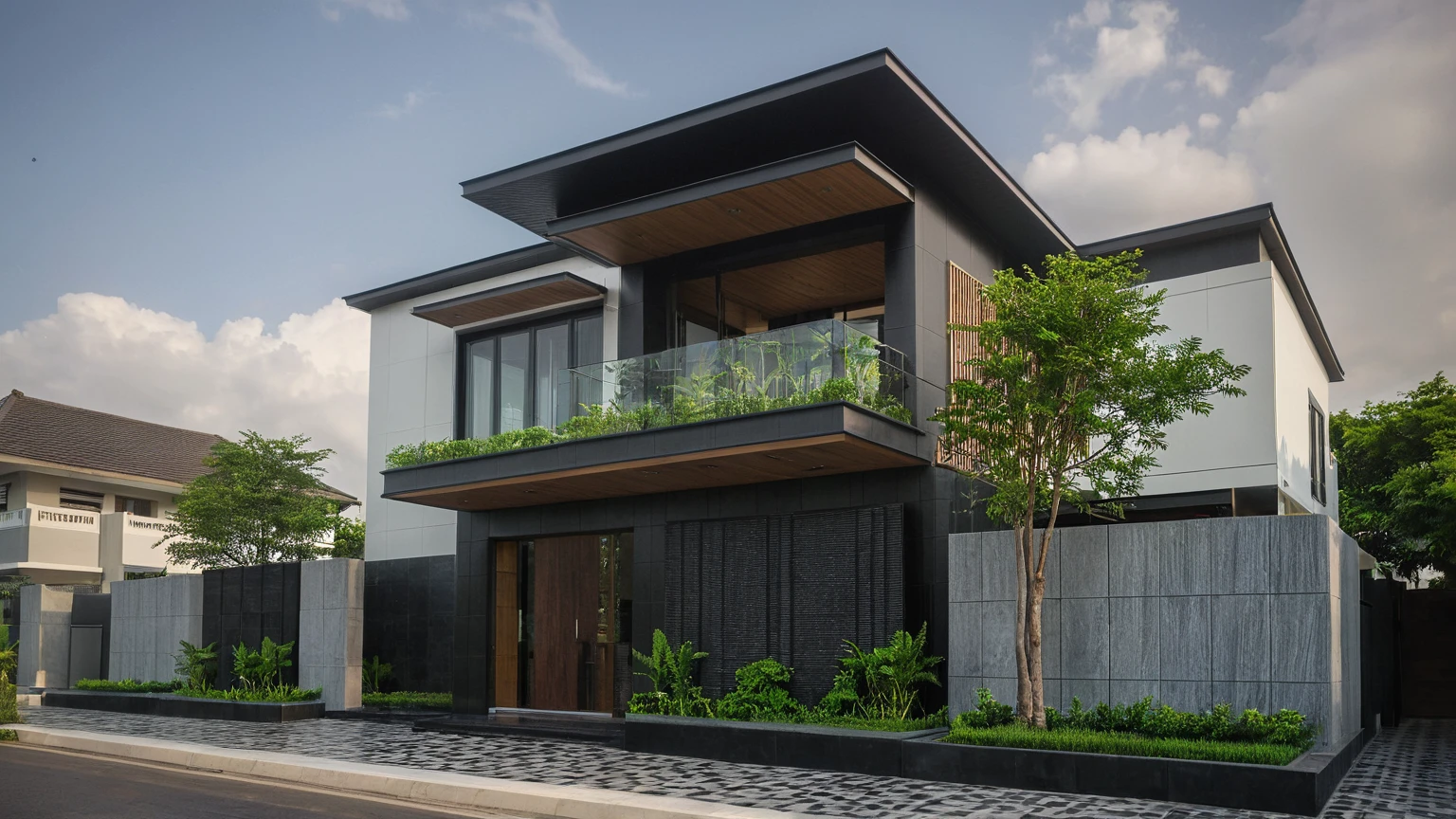 modern villa on street, (daylight), tropical tree, (slope roof, black tiled roof:1.2), vivid color, streetcapes, nice sky, grey tone, large glass door, warm interior lighting, modern material, best quality, ultra realistic, masterpiece, 17ArchiAI_XL_VL-v1