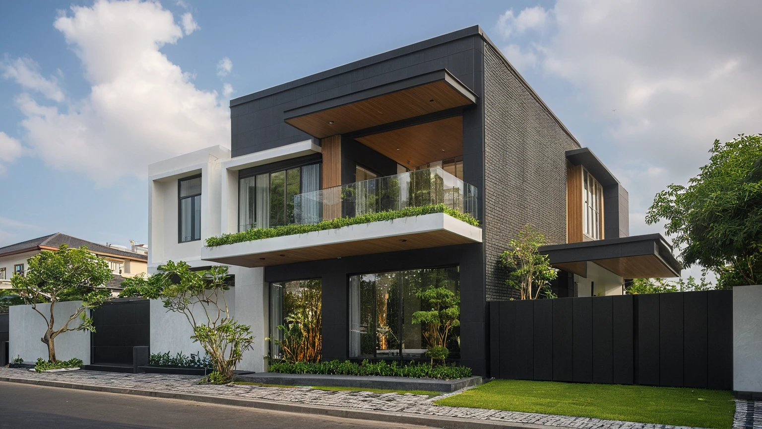 modern villa on street, (daylight), tropical tree, (slope roof, black tiled roof:1.2), vivid color, streetcapes, nice sky, grey tone, large glass door, warm interior lighting, modern material, best quality, ultra realistic, masterpiece, 17ArchiAI_XL_VL-v1