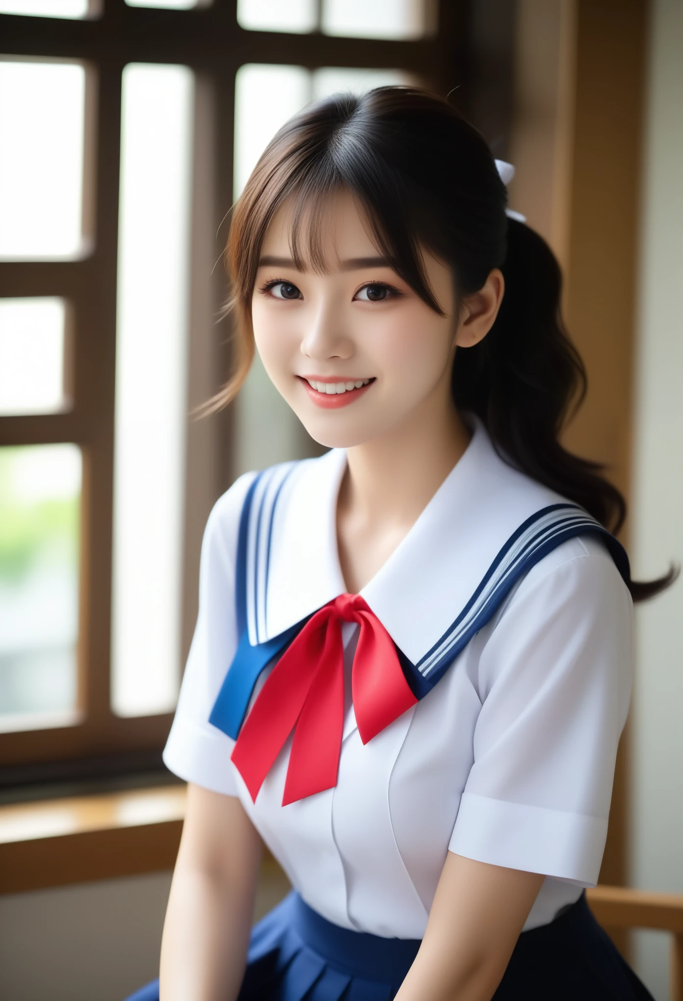 8K, Ultra-high resolution, Highest quality, masterpiece, 三分割法によるphotograph,Surreal, photograph, 1 girl, (16 years old:1.3), pretty girl, Cute face, Beautiful eyes in every detail, 細かくdetailedに,masterpiece,, One Girl:1.2, Japan Female Announcer,whole body、Black Hair、well-groomed eyebrows、Cute Lip Makeup、Calm atmosphere、A short-sleeved shiny dark sailor suit、White sailor collar、Navy blue pleated skirt、Red ribbon、White Stockings、Standing by the window of a classroom、Cute gestures、so beautiful,A carefree smile,Healing the heart,short hair,Looking at the audience、beauty,Long neck、Laugh a little、Please close your mouth and laugh、(((Ideal body type))),A-cup small breasts :2,、Portraiture:2、Perfect Anatomy、鮮明なdetailed、detailed、Surreal、Light and shadow,Strong light