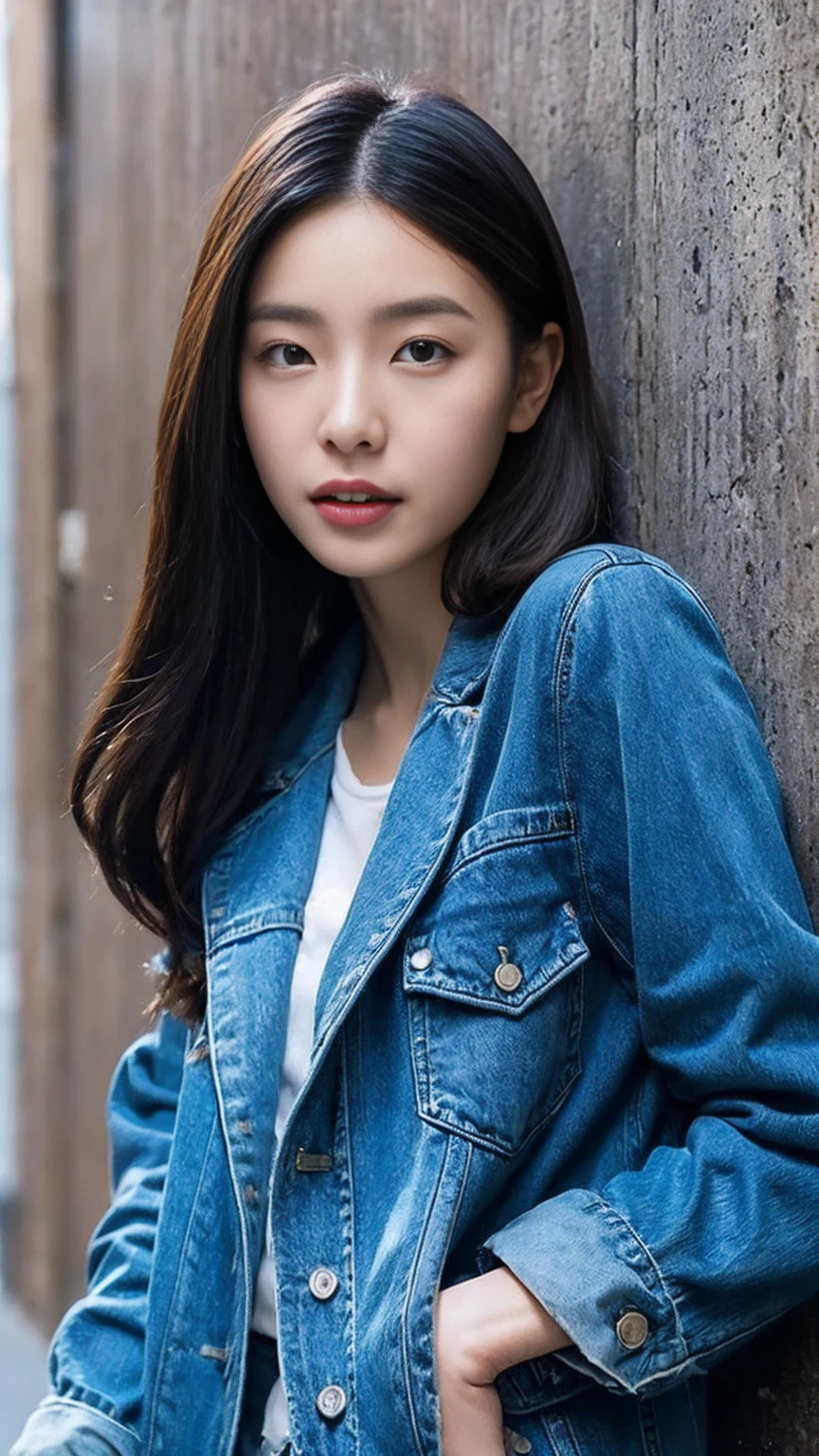 Asian woman in a blue jacket leaning against a wall, Face close-up, Side light