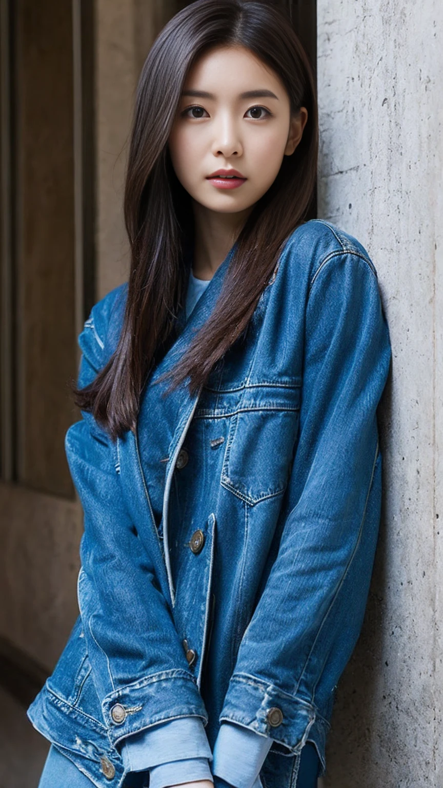 Asian woman in a blue jacket leaning against a wall, Face close-up, Side light