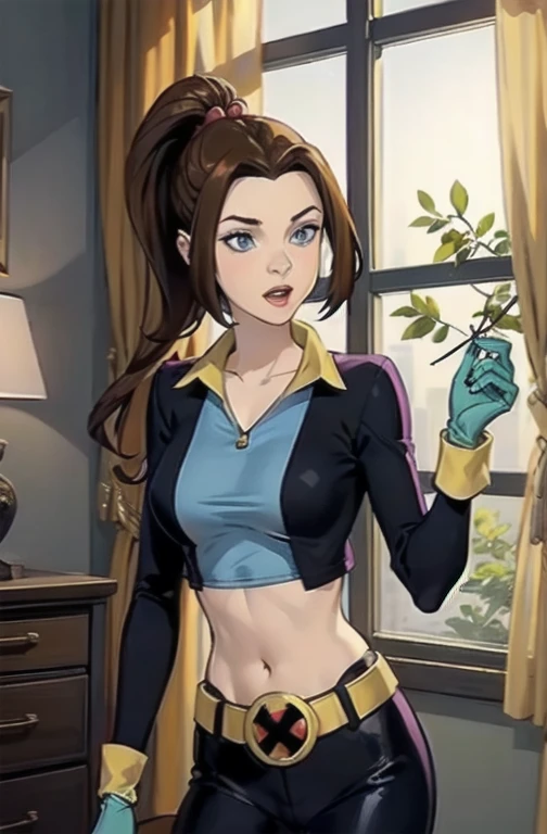 KittyPryde_Shadowcat_ownwaifu, 1girl, brown hair, ponytail, lipstick, blue eyes, makeup, hair ornament, red lips, long hair, breasts, high ponytail, hair bobbles, medium breasts, gloves, belt, bodysuit, midriff, bare midriff, ((crop top)) navel, yellow gloves,    absurdres, ultra detailed, masterpiece, best quality, aesthetic, detailed,