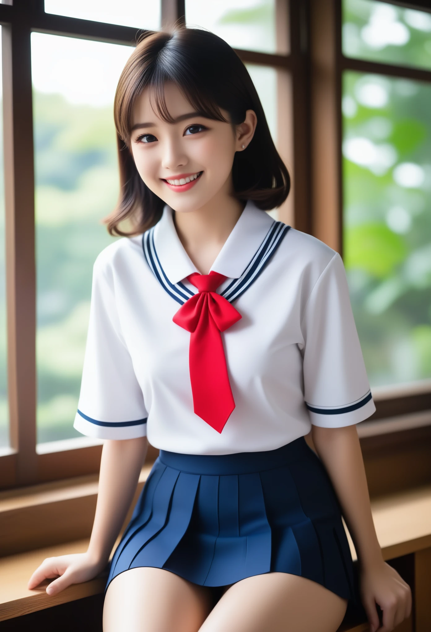 8K, Ultra-high resolution, Highest quality, masterpiece, 三分割法によるphotograph,Surreal, photograph, 1 girl, (16 years old:1.3), pretty girl, Cute face, Beautiful eyes in every detail, 細かくdetailedに,masterpiece,, One Girl:1.2, Japan Female Announcer,whole body、Black Hair、well-groomed eyebrows、Cute Lip Makeup、Calm atmosphere、A short-sleeved shiny dark sailor suit、White sailor collar、Navy blue pleated skirt、Red ribbon、White Stockings、Standing by the window of a classroom、Cute gestures、so beautiful,A carefree smile,Healing the heart,short hair,Looking at the audience、beauty,Long neck、Laugh a little、Please close your mouth and laugh、(((Ideal body type))),A-cup small breasts :2,、Portraiture:2、Perfect Anatomy、鮮明なdetailed、detailed、Surreal、Light and shadow,Strong light