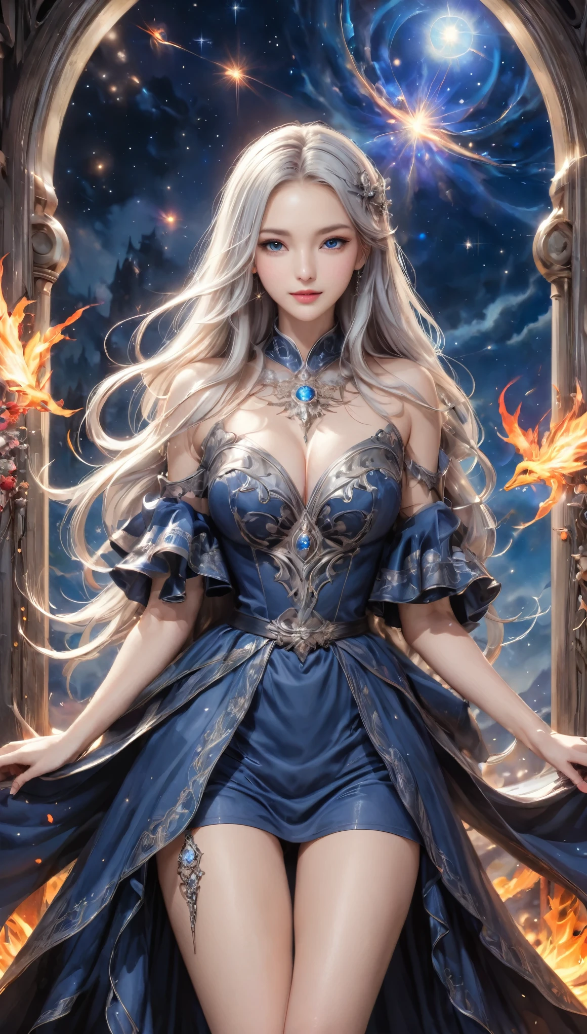 8K resolution, masterpiece, Highest quality, Award-winning works, unrealistic, From above, erotic, sole sexy lady, healthy shaped body, 22 years old, black mage, 165cm tall, huge firm bouncing busts,, white silver long wavy hair, Detailed facial depictions, Break, Mysterious blue eyes, Standard nose, Eyeliner, pink lips, sexy long legs, Clear skin, holy knight, Gothic ruffle long dress, A dress with a complex structure, Seven-colored colorful dress, Clothed in flames, royal coat of arms, elegant, Very detailed, Delicate depiction of hair, miniature painting, Digital Painting, artステーション, コンセプトart, Smooth, Sharp focus, shape, artジャム、Greg Rutkowski、Alphonse Mucha、William Adolphe Bouguereau、art：Stephanie Law , Royal Jewel, nature, Symmetric, Greg Rutkowski, Charlie Bowwater, Unreal, Surreal, Dynamic Lighting, ファンタジーart, Complex colors, Colorful magic circle, flash, dynamic sexy poses, A kind smile, Mysterious Background, Aura, A gentle gaze, BREAK, Small faint lights and flying fireflies, night, lanthanum, 山の頂From above下界を見下ろす, Starry Sky, milky way, nebula, shooting star, God in the right hand々A sacred staff that emits a brilliant light, Back view, Looking back towards the camera