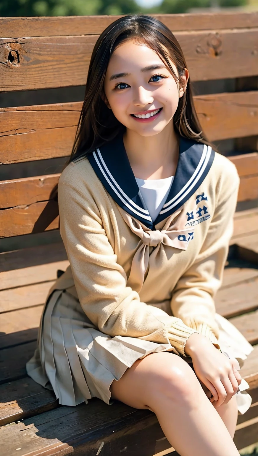 (((cowboy shot))),Ultra-high resolution,big eyes,(brown eyes),Japanese,(forehead),(a girl),(1 girl),((17 years old)),(cute),pretty,((facing at viewer)),grin,(((white school sailor uniform))),pleated skirt,(sitting),(thick thighs)