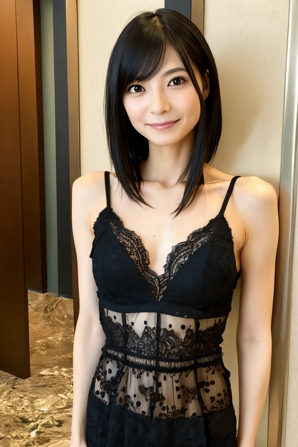 A skinny Japanese woman, {30|40} years old, 1girl, cute face, slight smile, ((detailed face, detailed eyes)), black {short|long} hair, medium breasts, very thin waist, correct human body structure, See-through lace mini dress, standing in a hotel lobby, (full body photo),