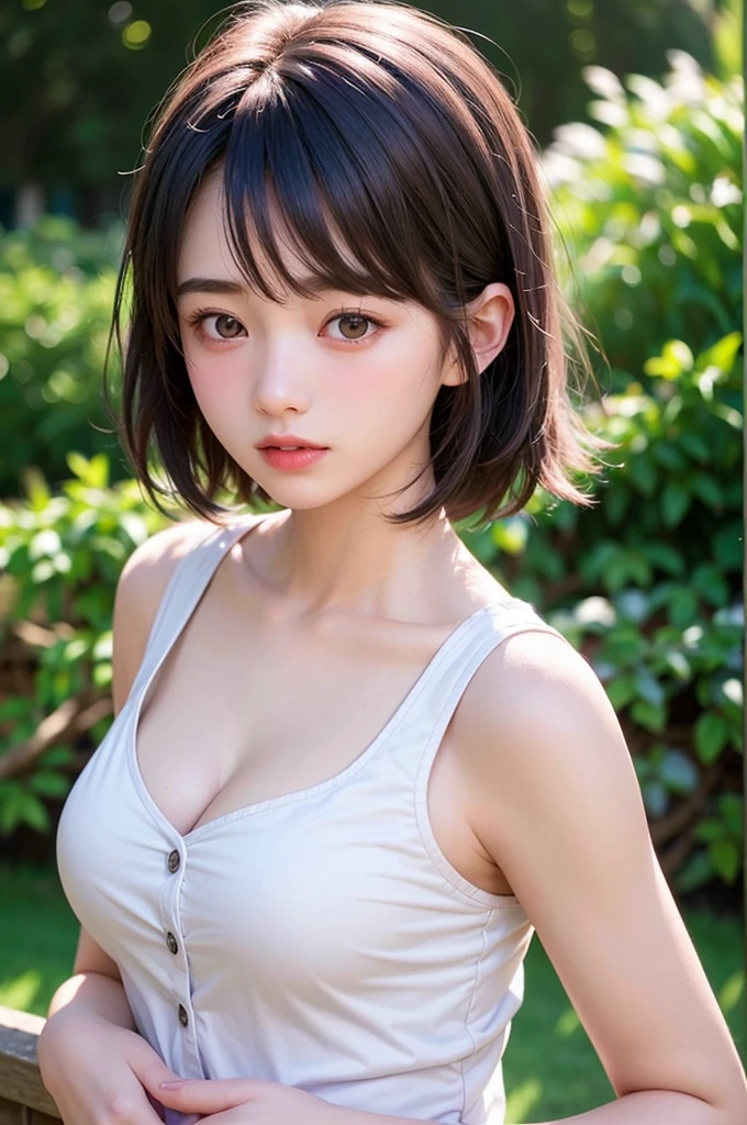 (1 nogizaka girl,15years old face,raw photo,photo realistic:1.5),(best quality, high quality,HDR, highest quality,ultra high resolution,high resolution,high res,ultra high difinition,huge file size,8K,2K wallpaper,8K wallpaper,high quality texture,amazing,an extremely delicate:1.4),one girl, Japanese famous idol,cute face,small face,absurd,ridiculous,incredibly ridiculous,blurry background,(sundress,short hair,cleavage,no makeup:1.2),medium skin,beautiful skin,detailed skin,black hair,silky hair,black eyes,Japanese nose,5-fingers,(Light Particles, Lens Flare, Luminous Particles: 0.7),looking at viewer,bright lighting,professional lighting,girl