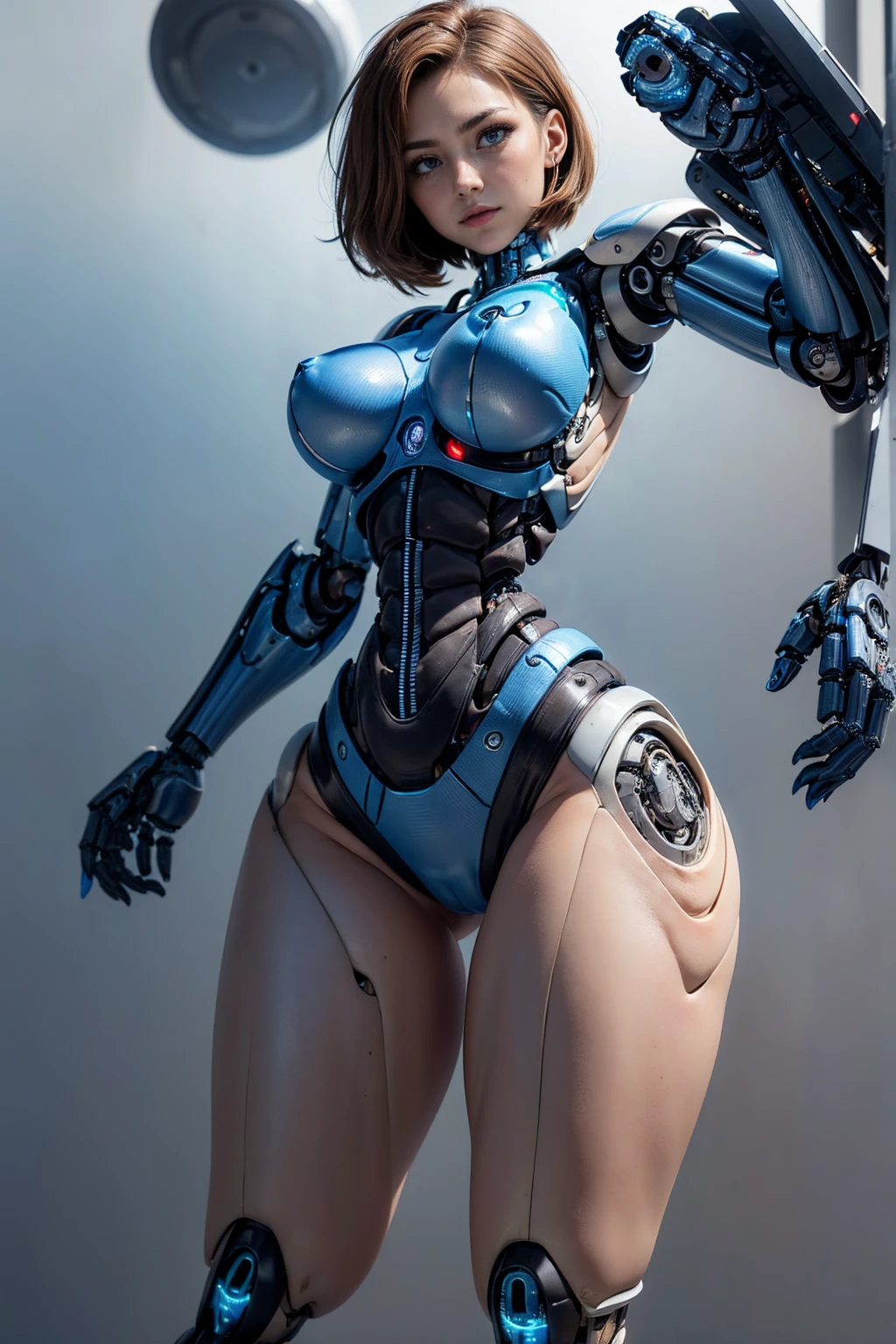 (Muscular:1.8), (thick thighs:1.7), (wide hips:1.7), (large breasts:1.5), FEMALE, brown hair, long brown hair, (big smile:0), (cute slim cyborg from the future:1.6), looking at viewer, (three quarter view:1.1), upper body view, (blank background:1.5), dark lighting, detailed skin, detailed eyes, (dark skin:1.), (very thin waist:1.6), (huge round muscles:1.4), (bright blue eyes:1.6),