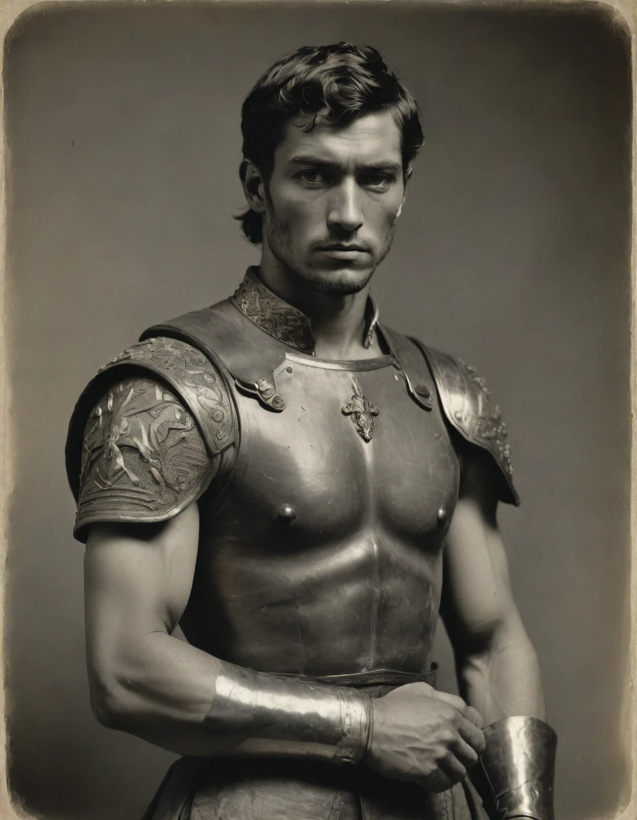 by Moebius, by Théodore Géricault, ((((Rough monochrome, daguerreotype on old paper)))), half body of a young male Roman soldier, muscular, confident, brunette, bronze skin, rascal, arrogant, (((tattoos on arms, neck))), wearing silken Roman uniform, armor lorica with samurai elements, diamond shape symbology, moth symbology. Jungle background.