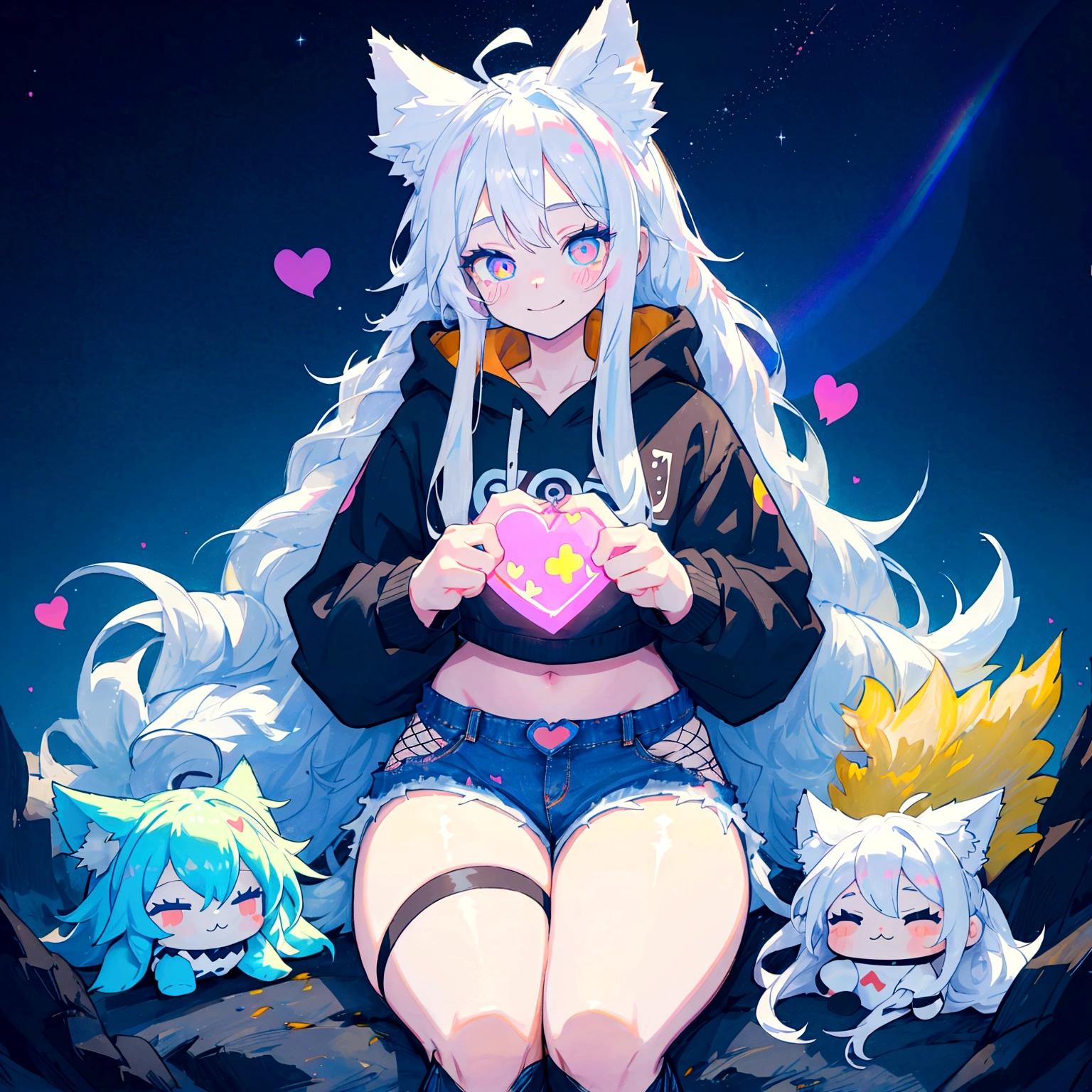 a cute adult male with wolf ears, long white hair, long locks, has a wolf tail, wearing a loose cropped black hoodie, wearing a pair of denim short shorts and fishnet stockings, thick thighs, wide hips, relaxing on mountain of fluffy multi colored kawaii plushies, short, very slim, showing slender tummy, heart on hoodie, squishy thighs, has glowing blue eyes. alone, solo (ALONE)(SOLO), surrounded by rainbows, colorful galaxy backround, smiling, ontop of a pile of fluffy plushes, plushies everywhere, kawaii plushies