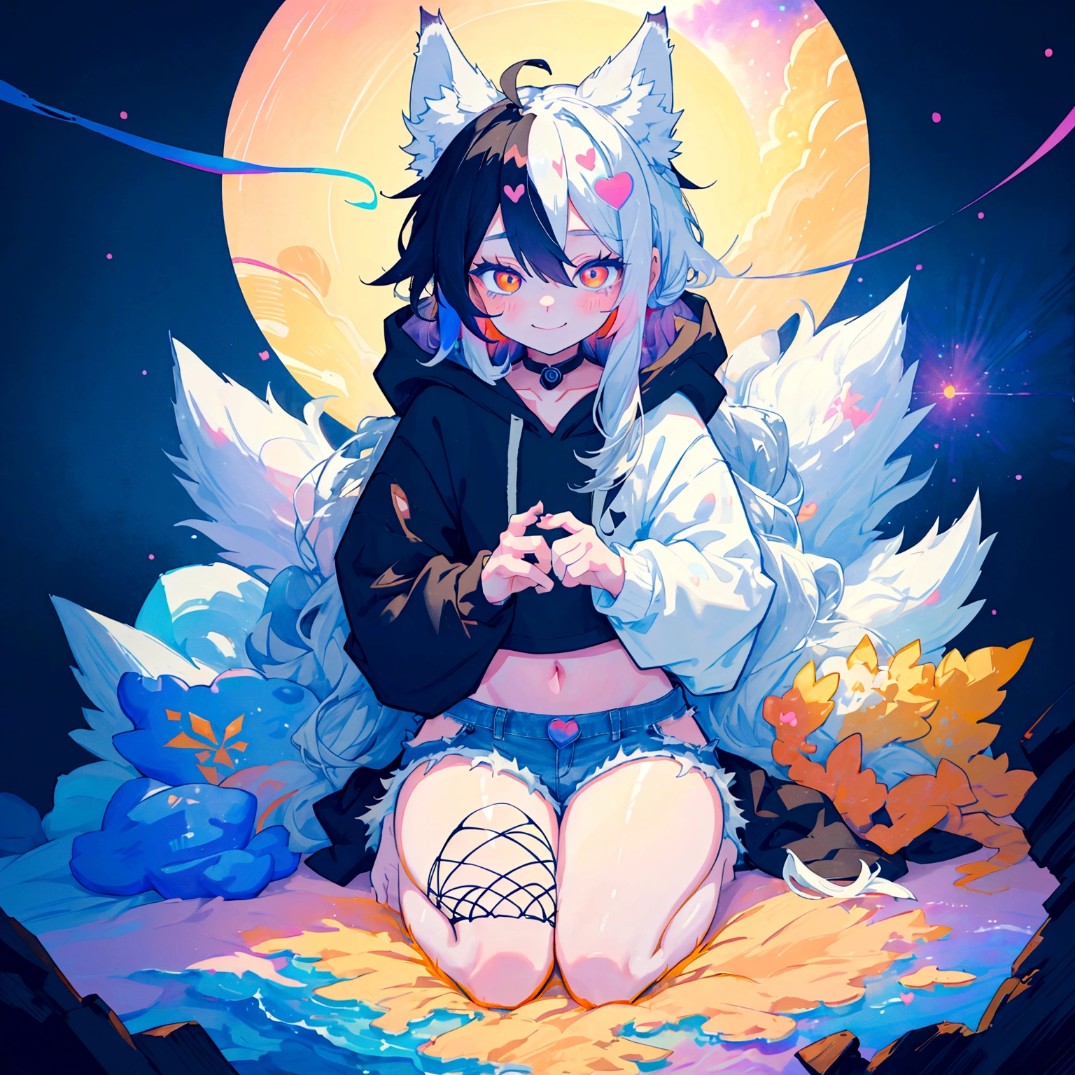 a cute adult male with wolf ears, long white hair, long locks, has a wolf tail, wearing a loose cropped black hoodie, wearing a pair of denim short shorts and fishnet stockings, thick thighs, wide hips, relaxing on mountain of fluffy multi colored kawaii plushies, short, very slim, showing slender tummy, heart on hoodie, squishy thighs, has glowing blue eyes. alone, solo (ALONE)(SOLO), surrounded by rainbows, colorful galaxy backround, smiling, ontop of a pile of fluffy plushes, plushies everywhere, kawaii plushies