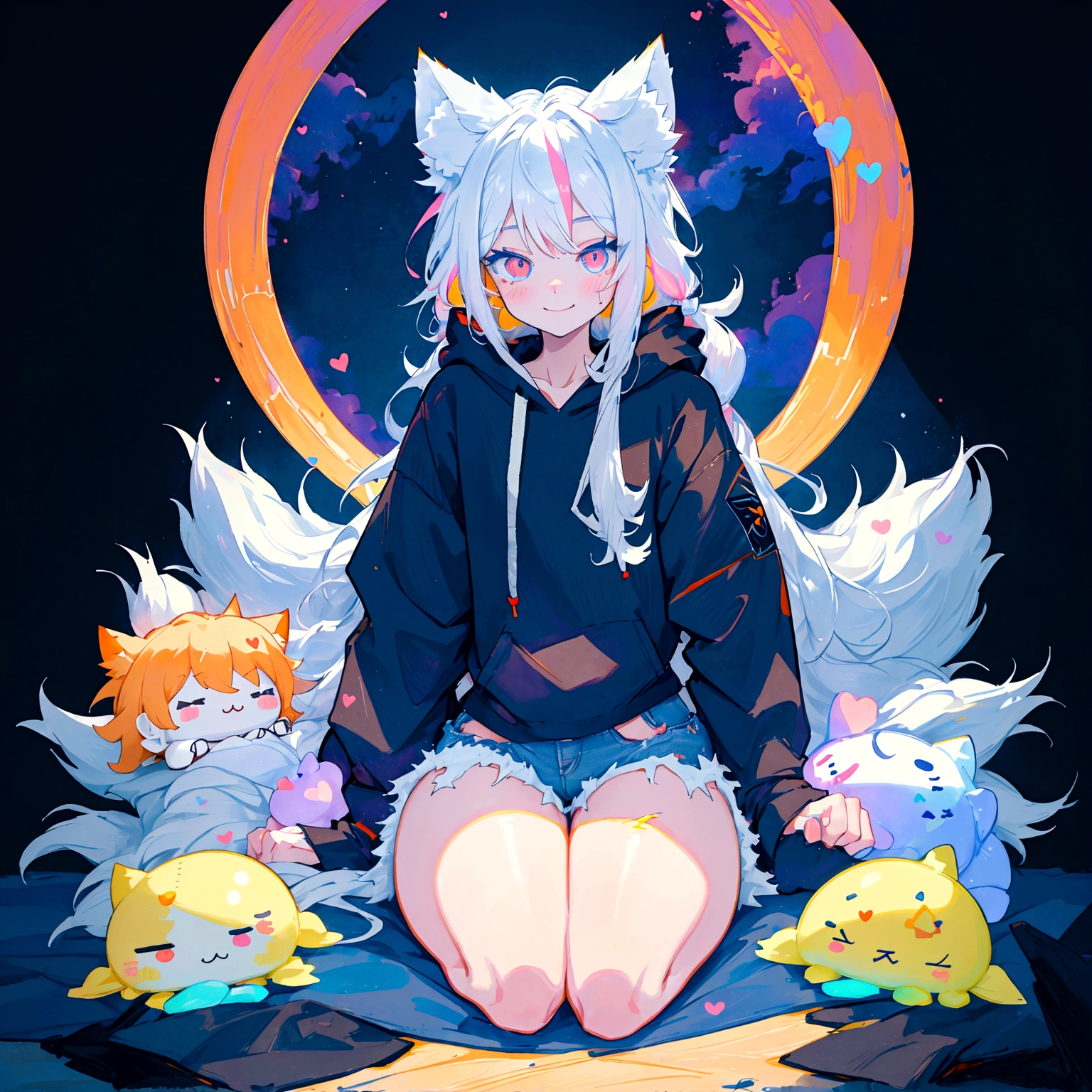 a cute adult male with wolf ears, long white hair, long locks, has a wolf tail, wearing a loose cropped black hoodie, wearing a pair of denim short shorts and fishnet stockings, thick thighs, wide hips, relaxing on mountain of fluffy multi colored kawaii plushies, short, very slim, showing slender tummy, heart on hoodie, squishy thighs, has glowing blue eyes. alone, solo (ALONE)(SOLO), surrounded by rainbows, colorful galaxy backround, smiling, ontop of a pile of fluffy plushes, plushies everywhere, kawaii plushies