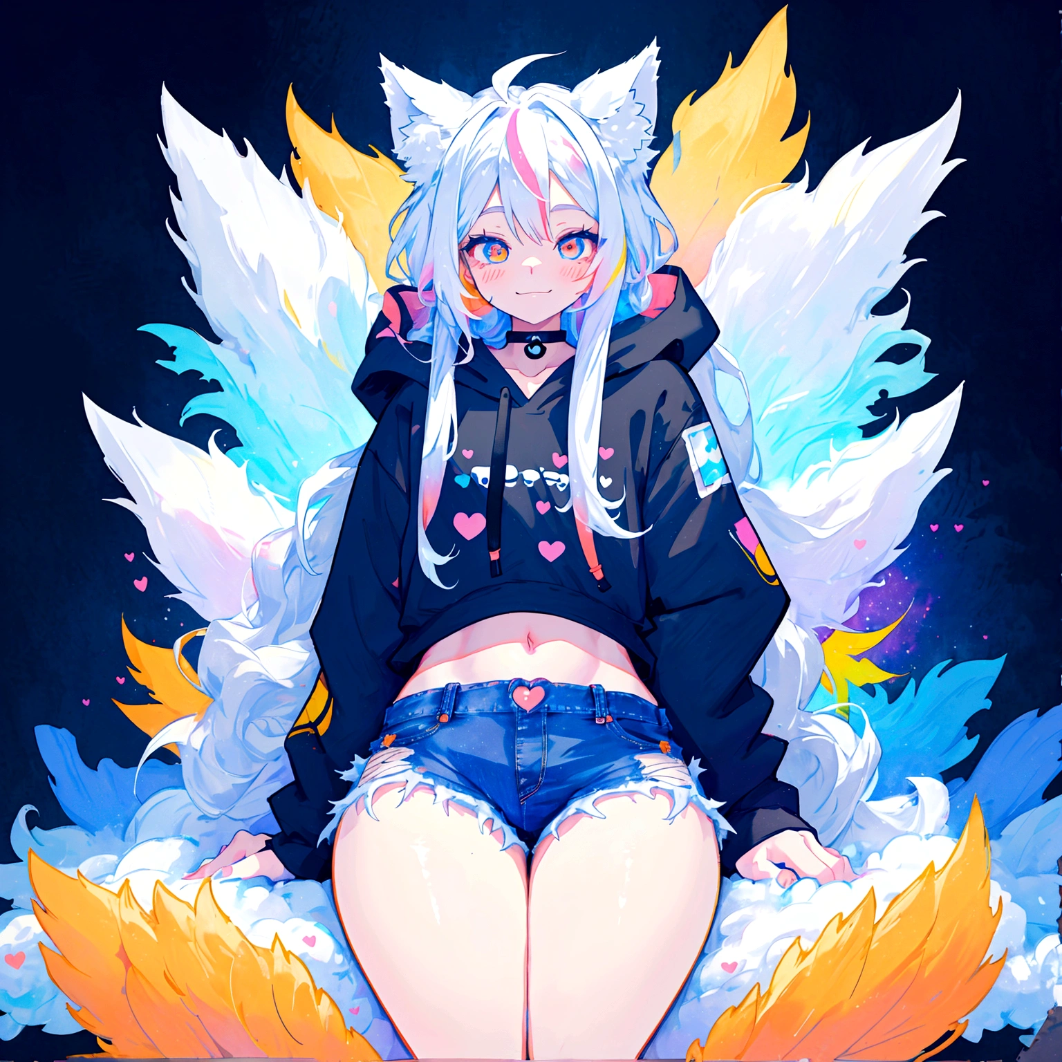 a cute adult male with wolf ears, long white hair, long locks, has a wolf tail, wearing a loose cropped black hoodie, wearing a pair of denim short shorts and fishnet stockings, thick thighs, wide hips, relaxing on mountain of fluffy multi colored kawaii plushies, short, very slim, showing slender tummy, heart on hoodie, squishy thighs, has glowing blue eyes. alone, solo (ALONE)(SOLO), surrounded by rainbows, colorful galaxy backround, smiling, ontop of a pile of fluffy plushes, plushies everywhere, kawaii plushies