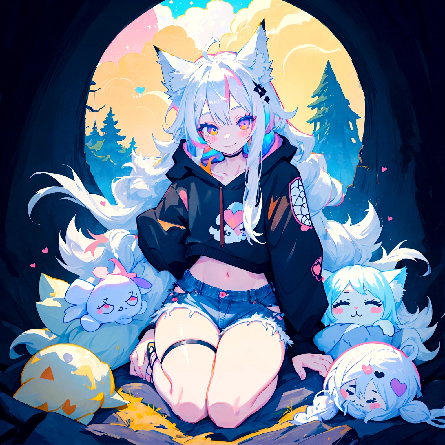 a cute adult male with wolf ears, long white hair, long locks, has a wolf tail, wearing a loose cropped black hoodie, wearing a pair of denim short shorts and fishnet stockings, thick thighs, wide hips, relaxing on mountain of fluffy multi colored kawaii plushies, short, very slim, showing slender tummy, heart on hoodie, squishy thighs, has glowing blue eyes. alone, solo (ALONE)(SOLO), surrounded by rainbows, colorful galaxy backround, smiling, ontop of a pile of fluffy plushes, plushies everywhere, kawaii plushies