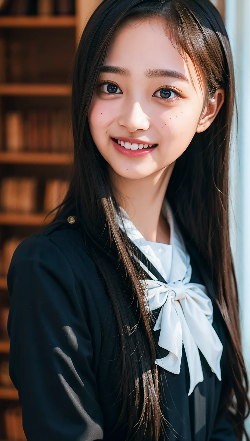 (((upper body shot))),Ultra-high resolution,big eyes,((brown eyes)),Japanese,(forehead),(a girl),(1 girl),((17 years old)),(cute),pretty,((facing at viewer)),arms behind back,grin,(((black uniform)))