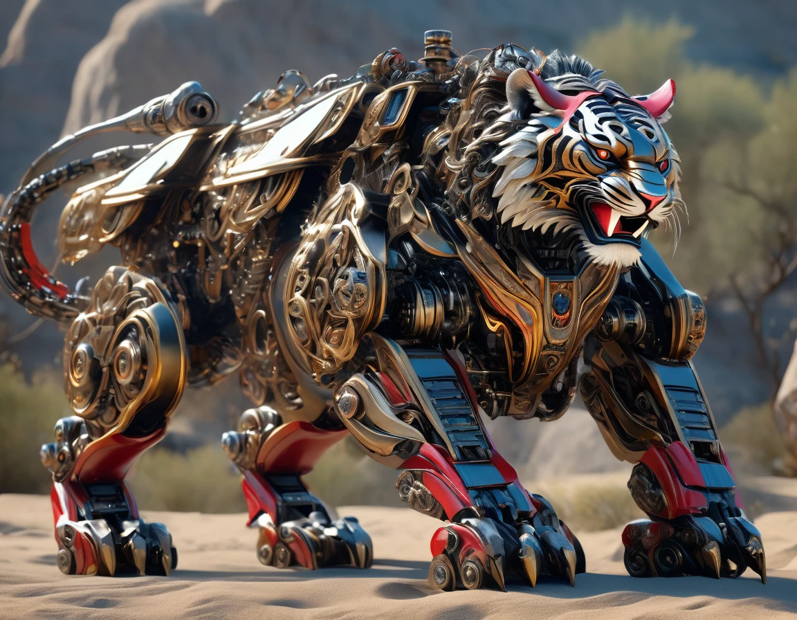 ((Masterpiece)), ((Best Quality)), (Very Detailed), ((Very Detailed)), 4K, (8K), very aesthetic, absurdres highres, Ultra-high detailed mechanical tiger robot with realistic metallic textures, chrome, stainless steel, and brass surfaces, exposed precise gears and pistons, intricate and detailed wiring and tubing, robust mechanical armor plates, glowing red eyes, realistic shadows and reflections, detailed surface scratches and wear, body kept low, front legs extended, hind legs on the ground, eyes sharply open, simple studio background.