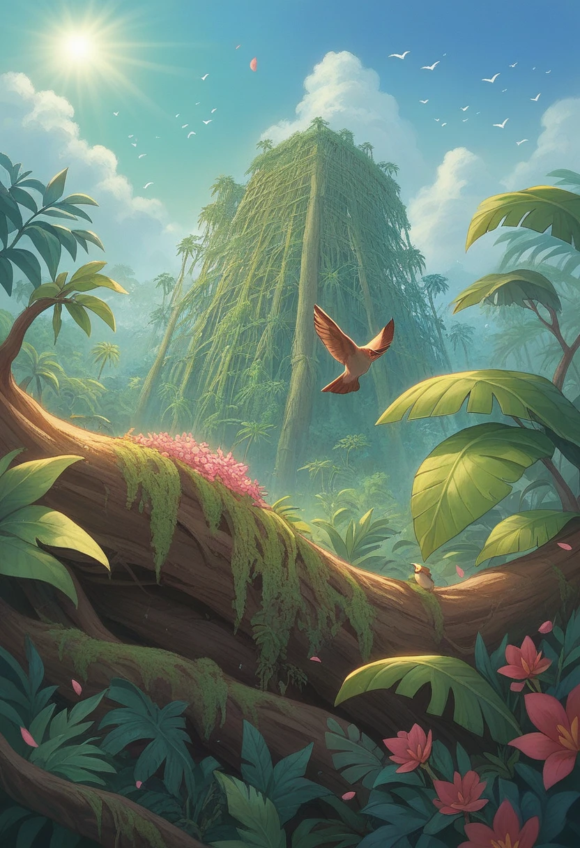 tree, plant, lush green leaves, lively flower, towering tree, jungle, Sunlight filtering through the leaves, blossom, Multicolored petals, Birds chirping, Gentle breeze, rustling leaves, shades of green, Moss-covered rocks, ferns and moss, Wildflowers, Clean air, stillness, natural habitat