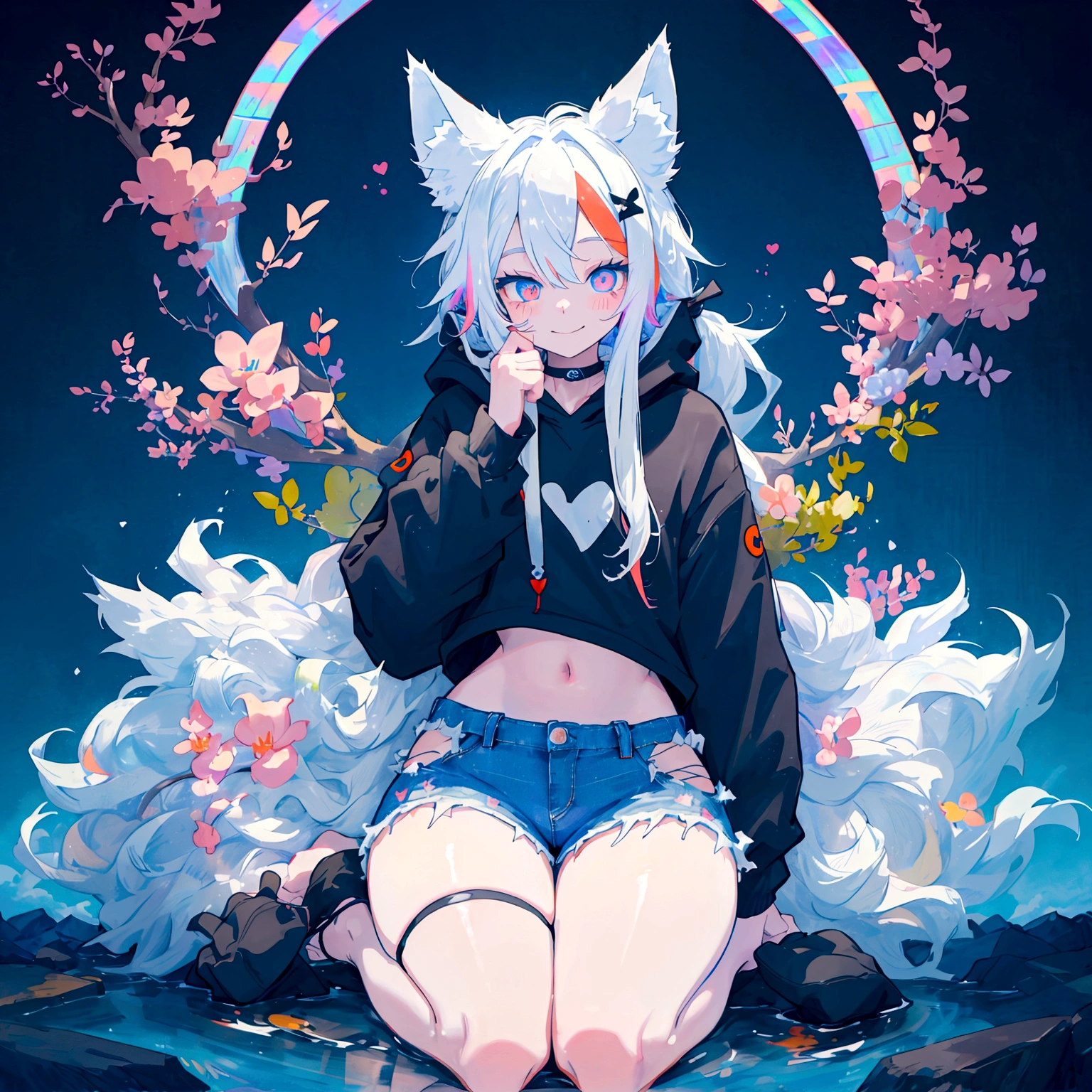 a cute adult male with wolf ears, long white hair, long locks, has a wolf tail, wearing a loose cropped black hoodie, wearing a pair of denim short shorts and fishnet stockings, thick thighs, wide hips, relaxing on mountain of fluffy multi colored kawaii plushies, short, very slim, showing slender tummy, heart on hoodie, squishy thighs, has glowing blue eyes. alone, solo (ALONE)(SOLO), surrounded by rainbows, colorful galaxy backround, smiling, ontop of a pile of fluffy plushes, plushies everywhere, kawaii plushies
