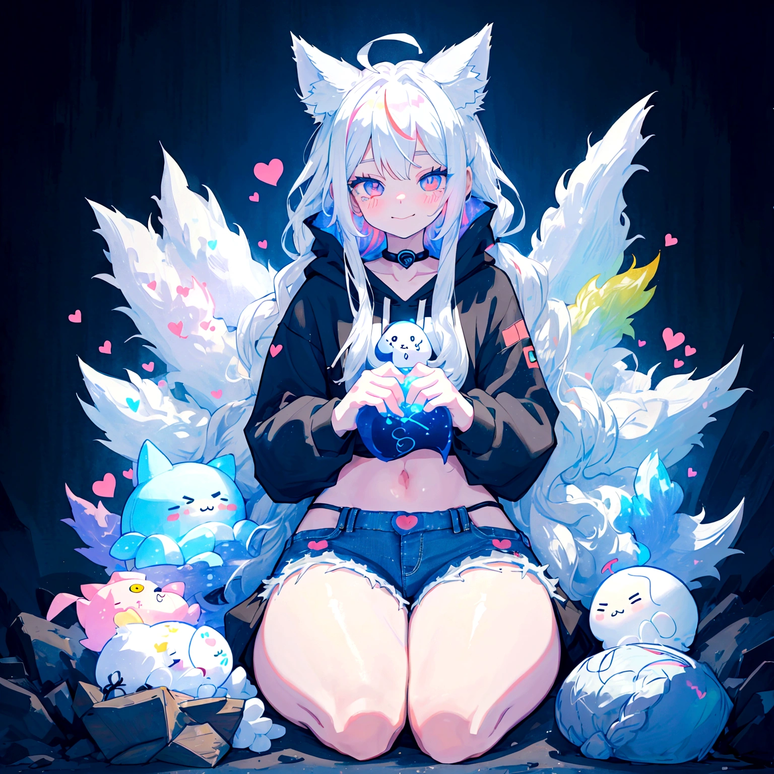 a cute adult male with wolf ears, long white hair, long locks, has a wolf tail, wearing a loose cropped black hoodie, wearing a pair of denim short shorts and fishnet stockings, thick thighs, wide hips, relaxing on mountain of fluffy multi colored kawaii plushies, short, very slim, showing slender tummy, heart on hoodie, squishy thighs, has glowing blue eyes. alone, solo (ALONE)(SOLO), surrounded by rainbows, colorful galaxy backround, smiling, ontop of a pile of fluffy plushes, plushies everywhere, kawaii plushies