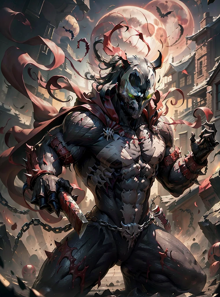 Venom spawn samurai,oni face mask venom teeth,realistic, glowing red eyes, black and red battle armor, blood moon background, holding a bag katana,in attack position, ultra hd,