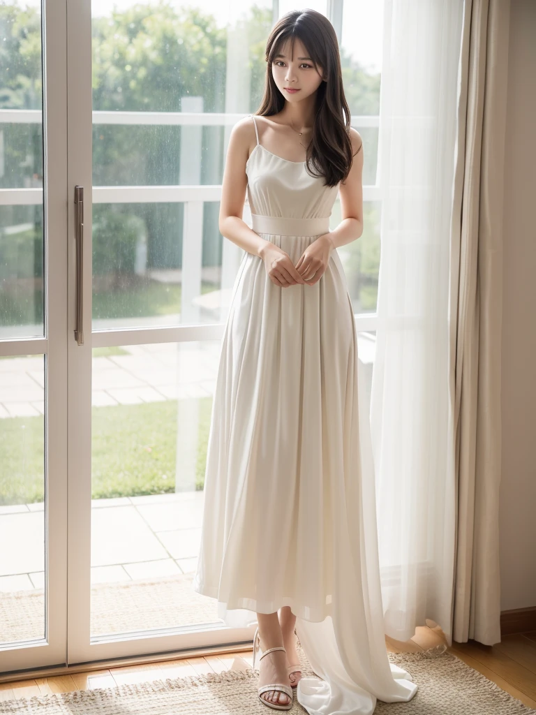 Sheer white dress、(Highest quality)、((Very detailed))、4K、(8K)、masterpiece、Very detailedな、Highest quality、Super Resolution、1 person、Kind Face、Soft Light、RAW quality、Soft Skin、163cm、White Room:1.5、Standing posture、Calf、bouquet、Sandals