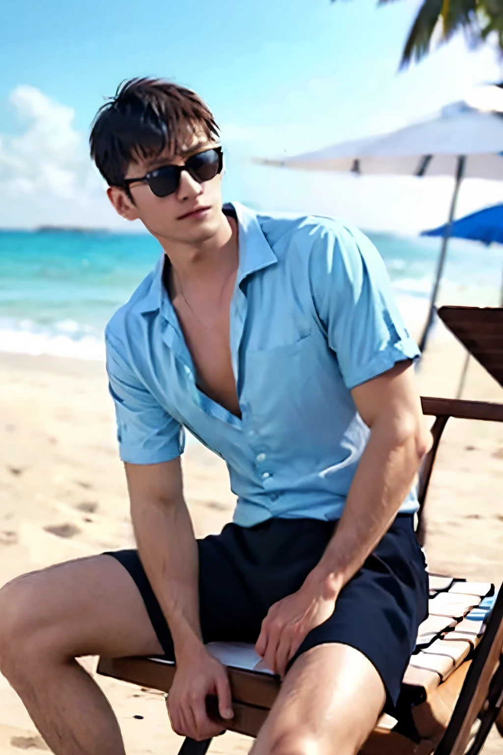 a very handsome man as if he came out of a men's shower gel advertisement, (wondering), shirt, sunglasses, active, sitting relaxed on the serene beach
, crowded