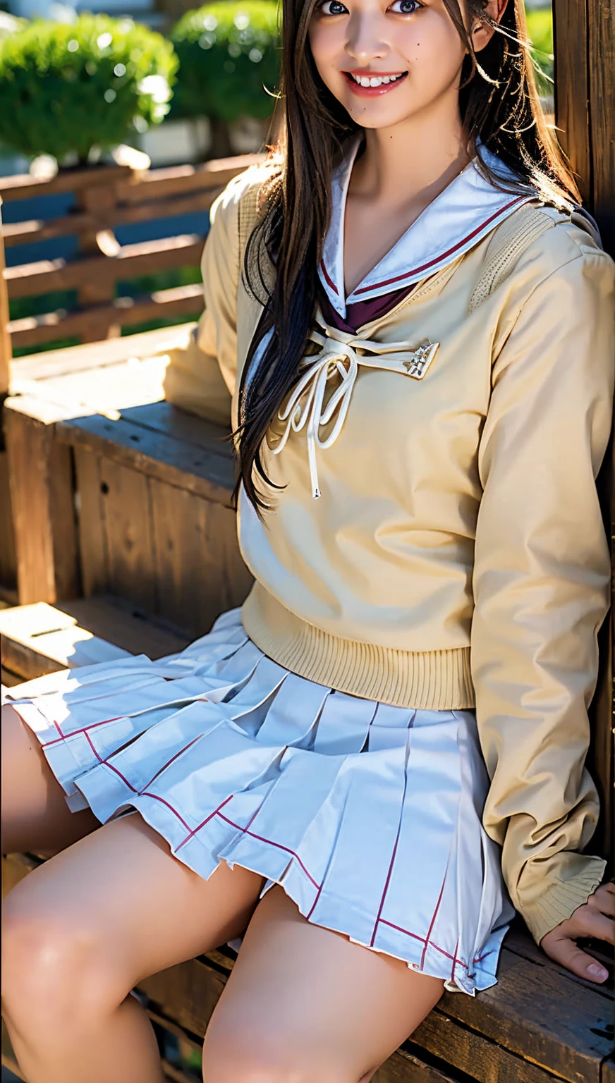 (((cowboy shot))),Ultra-high resolution,big eyes,(brown eyes),Japanese,(forehead),(a girl),(1 girl),(()),(cute),pretty,((facing at viewer)),grin,(((white school sailor uniform))),pleated skirt,(sitting),(thick thighs)