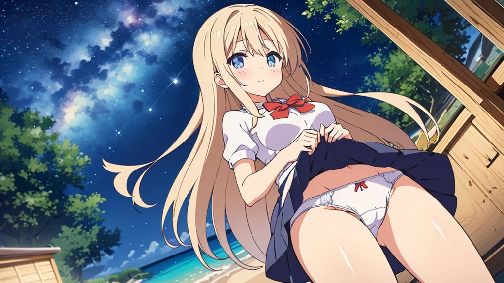 A nice white shirt that lets you see. 、Light blue flared skirt with ruffles、She lifts her skirt with both hands to show off her pretty white underwear.、Cute white underwear visible when you lift your skirt.、sandy beach, beautiful sea, night and starry sky small breasts