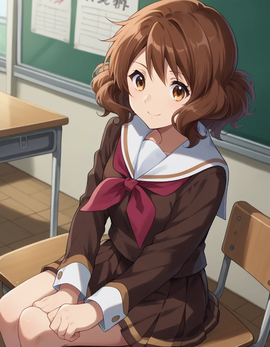 score_9, score_8_superior, score_7_superior, sauce_anime,
In the middle of nowhere, kumiko oumae, Brown eyes, Brown Hair, short hair, Wavy Hair, smile,
skirt, shirt, Long sleeve, , pleated skirt, Seraphim, neckerchief, brown skirt, White sailor collar, brown shirt, Kitauji High , red neckerchief,
indoor, classroom, Sitting, Chair, machine,
View your viewers, Cowboy Shot, Dutch Angle, Dynamic pose,