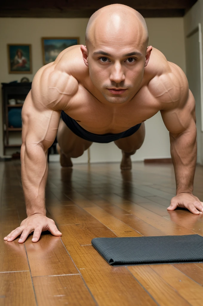 ((8k ((best quality)), ((masterpiece)), (very detailed), real face bald male muscular male full body doing push ups on floor