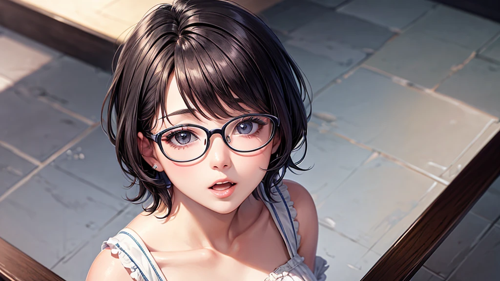 masterpiece, Highest quality, View Viewer, look up, From above, Kiss the viewer, Exposing shoulders, Open your mouth,Pretty Suit,short hair,One person,Glasses,