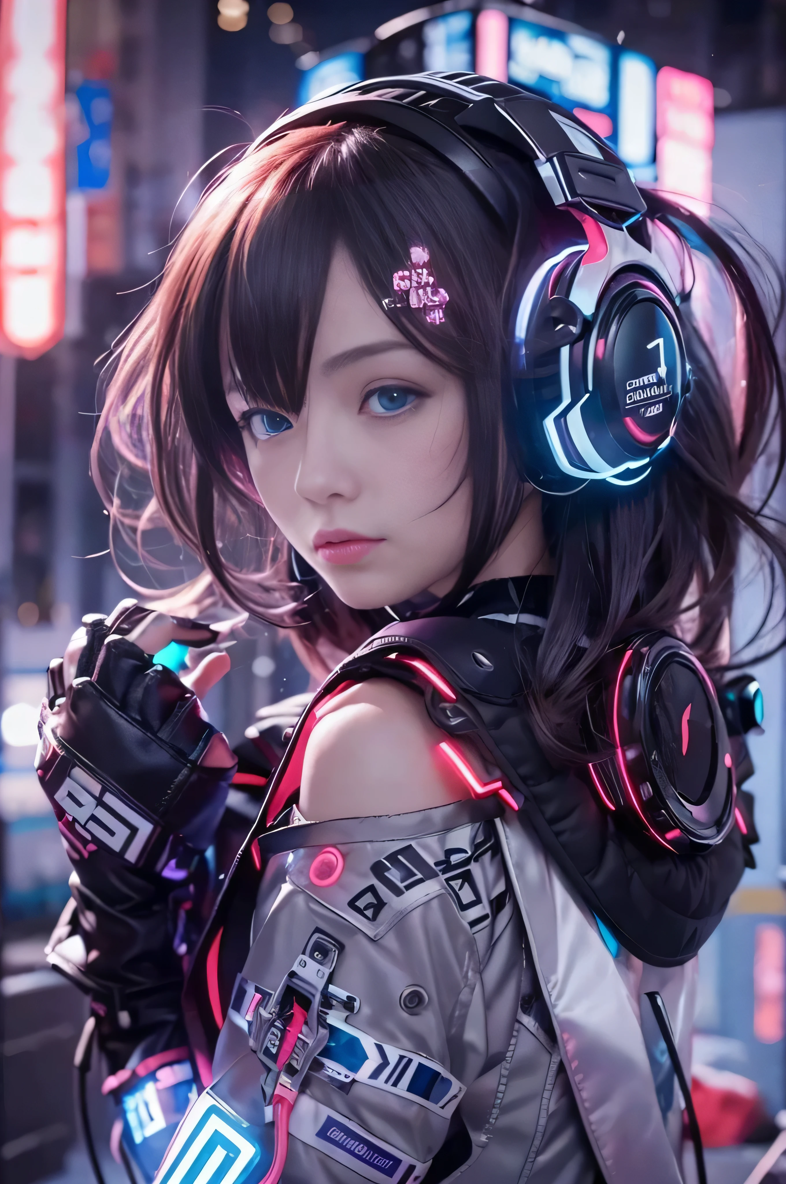 (Raw quality:1.4), Highest quality,masterpiece,16K,One Girl,blue eyes,chest,Brown Hair,cyber punk,Shine,Headphones,Long Hair,Realistic,Half exposed chest, Big Breasts, Wide-area blue phosphor structure on shoulder,Illuminated mechanical structure under the side of the chest,Diagonal close-up,Black to pink gradient hair,alone,Upper Body,Light-up earphones,Mechanical Earphones,night,Mechanical neck protection with 3-point light source,Urban Background, Neon Light, Skyscraper, Blurred Background, Shallow depth of field,