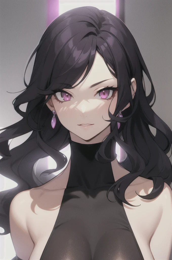 woman on the catwalk at a fashion show. detailed face, red purple eyes, black wavy hair, skin pores