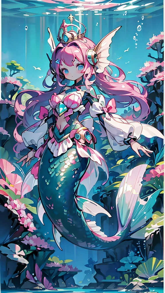 Mermaid，Mermaid，Mermaid女孩，Mermaid尾巴，Bodysuit style，Scale style，Underwater background，Underwater background，Seabed background，Coral shells background，Background in sea water，Pink and purple的鳞片，Pink hue，fin，身上长着fin，Girl with fish tail，Pink and purple，Powder blue scales，cute，cute，cute，crown