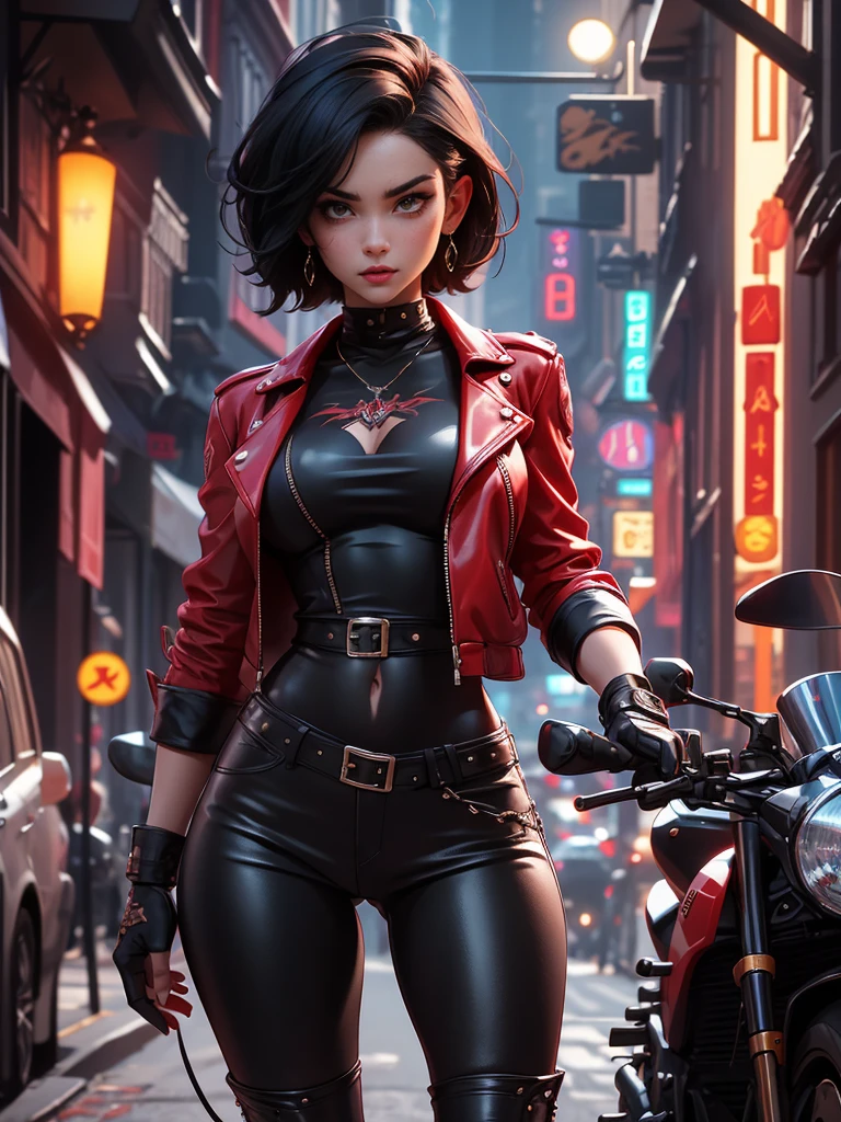 a beautiful 25 years old British female vampire mercenary with short black hair, pale skin, wearing red leather jacket and black tight pants, view from front, waist up shot, dynamic pose, tattoo, ambient lighting, photo realism, intricate face detail, intricate hand details, highly detailed, vibrant colors, cinematic, high definition,