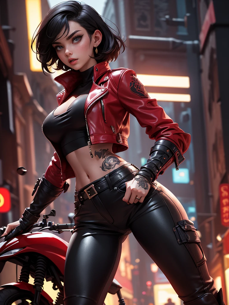 a beautiful 25 years old British female vampire mercenary with short black hair, pale skin, wearing red leather jacket and black tight pants, view from front, waist up shot, dynamic pose, tattoo, ambient lighting, photo realism, intricate face detail, intricate hand details, highly detailed, vibrant colors, cinematic, high definition,