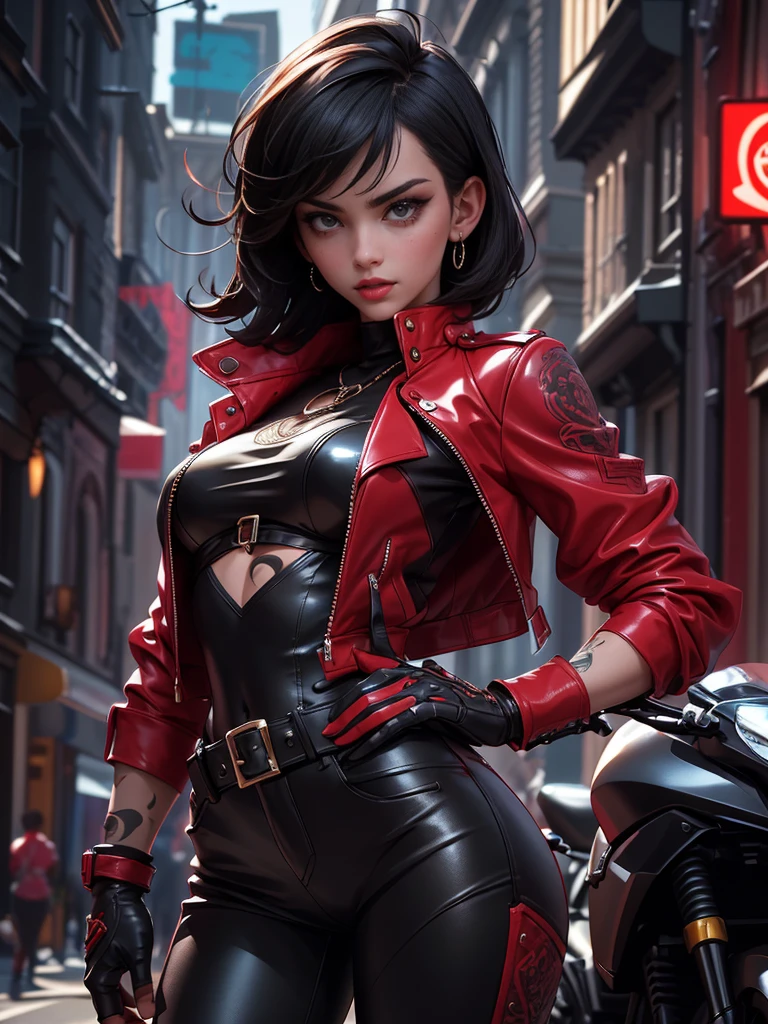 a beautiful 25 years old British female vampire mercenary with short black hair, pale skin, wearing red leather jacket and black tight pants, view from front, waist up shot, dynamic pose, tattoo, ambient lighting, photo realism, intricate face detail, intricate hand details, highly detailed, vibrant colors, cinematic, high definition,