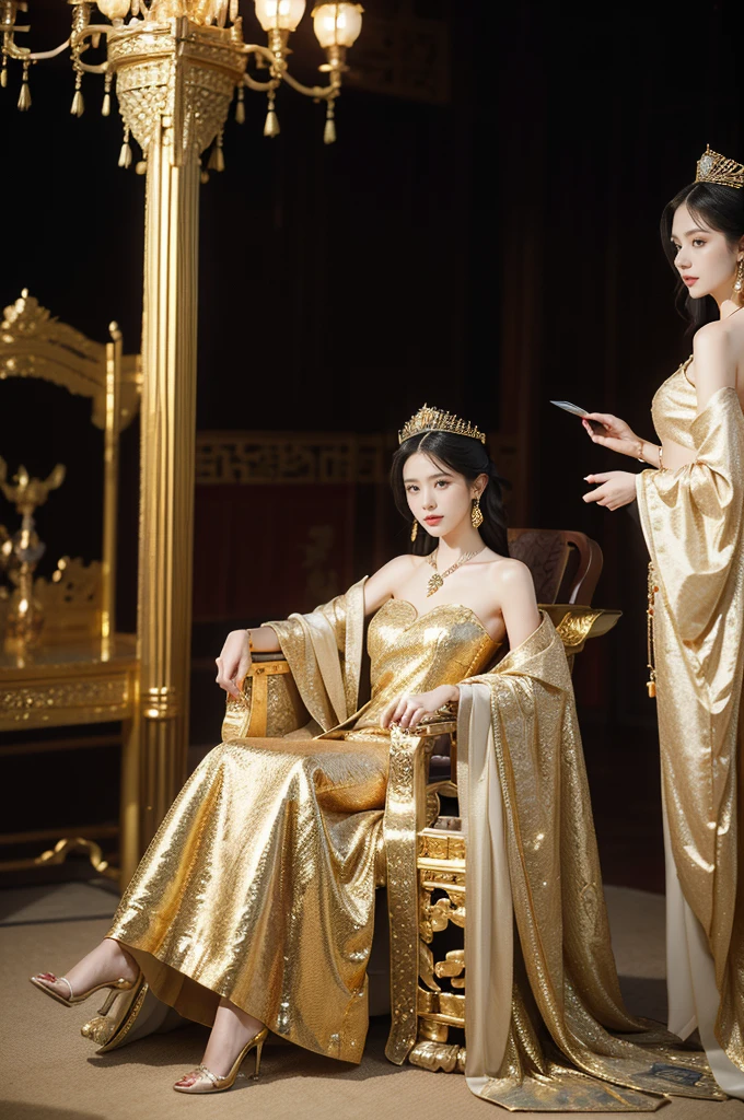 (((best quality))),(((ultra detailed))),(((masterpiece))),illustration,1 girl,solo,slim,thin,shoulder length straight bob hair,earrings,necklace,small breasts,flat chest,slender legs,high heels,Asian appearance,princess,royal,Chinese palace,night scene,magnificent dragon gown,golden crown,intricate embroidery,luxurious fabric,precious stones,(sitting on the metallic throne:1.3),decorative patterns,rich decorations,luxurious furnishings,regal charm,beautiful face,gentle smile,bright eyes,historical,traditional,city lights,modernity,frozen moment,beauty of the past,evolution of time,from front,full body,Hands on both sides